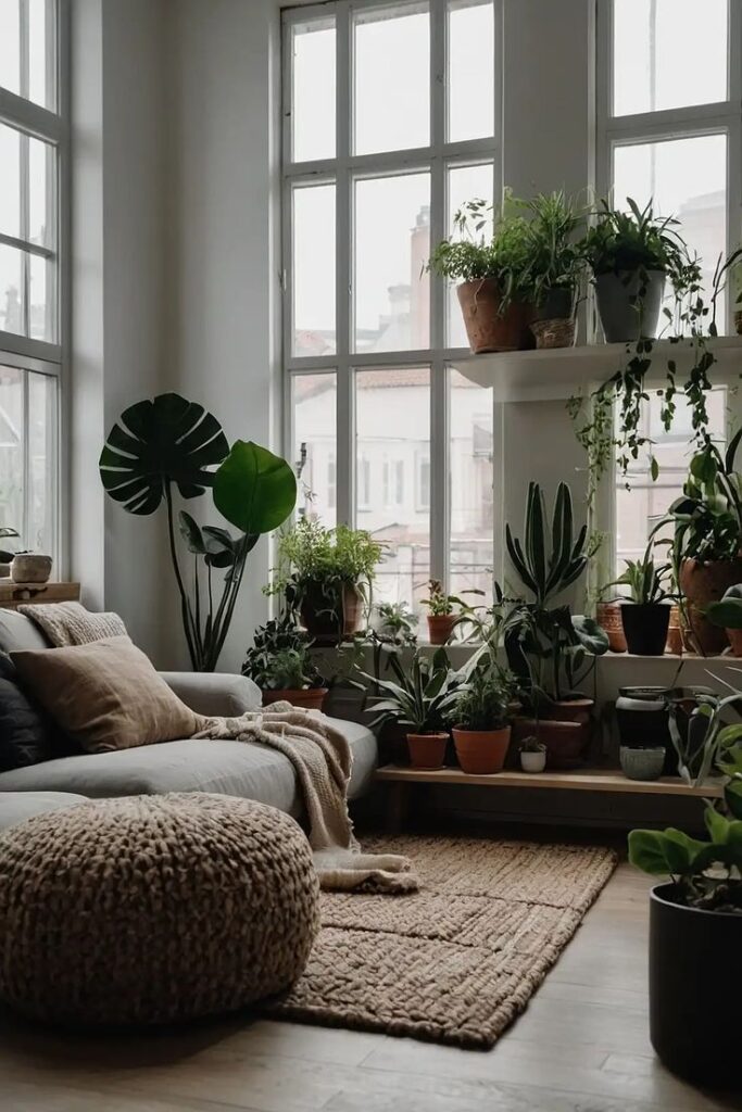 Cozy living room with large windows, filled with lush green plants, comfy sofa, and knitted pouf, creating a serene indoor garden atmosphere.