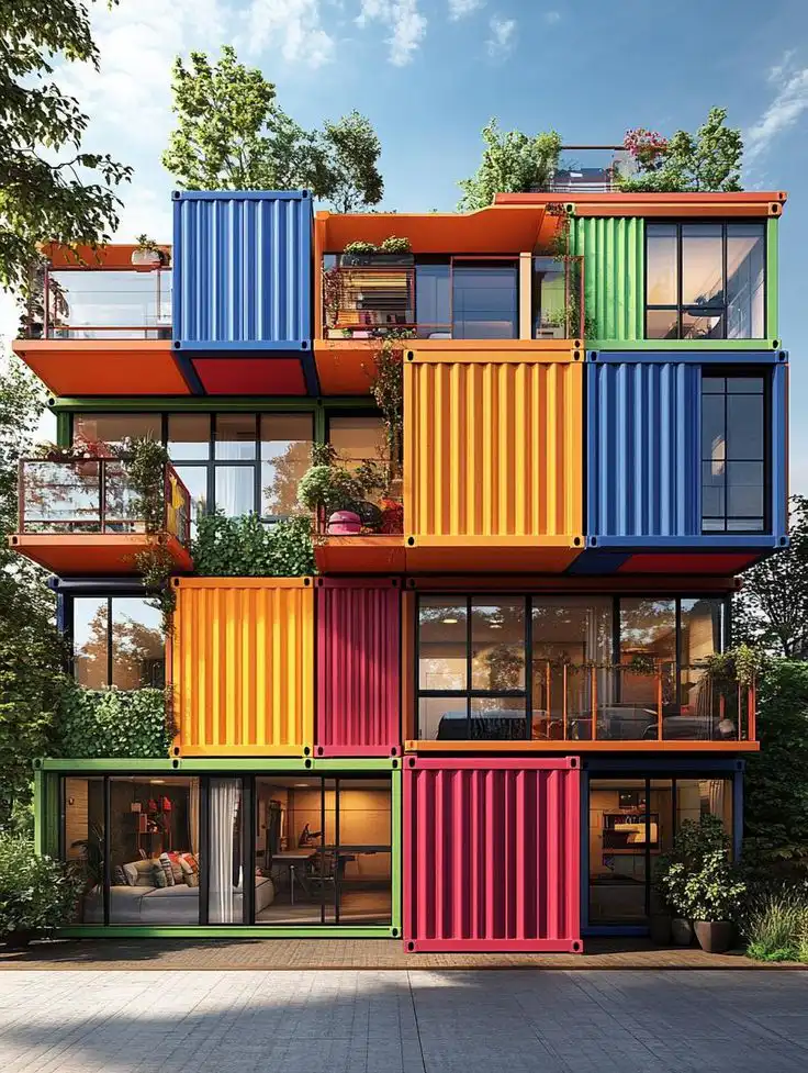 Colorful shipping container building with green plants and large windows, showcasing modern architectural innovation and eco-friendly design.