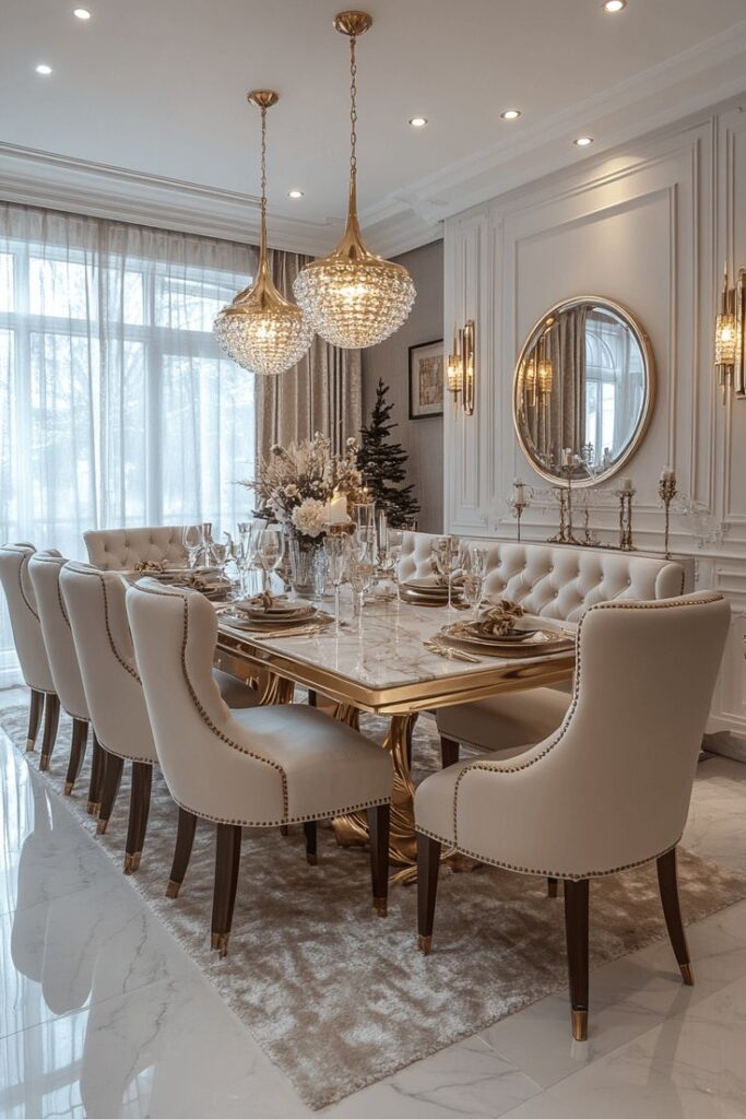 27+ Luxury Dining Room Ideas That Elevate Every Mealtime Luxurious dining room with elegant beige chairs, marble table, crystal chandeliers, and sophisticated decor for a refined dining experience. | Sky Rye Design Luxurious dining room with elegant beige chairs, marble table, crystal chandeliers, and sophisticated decor for a refined dining experience.