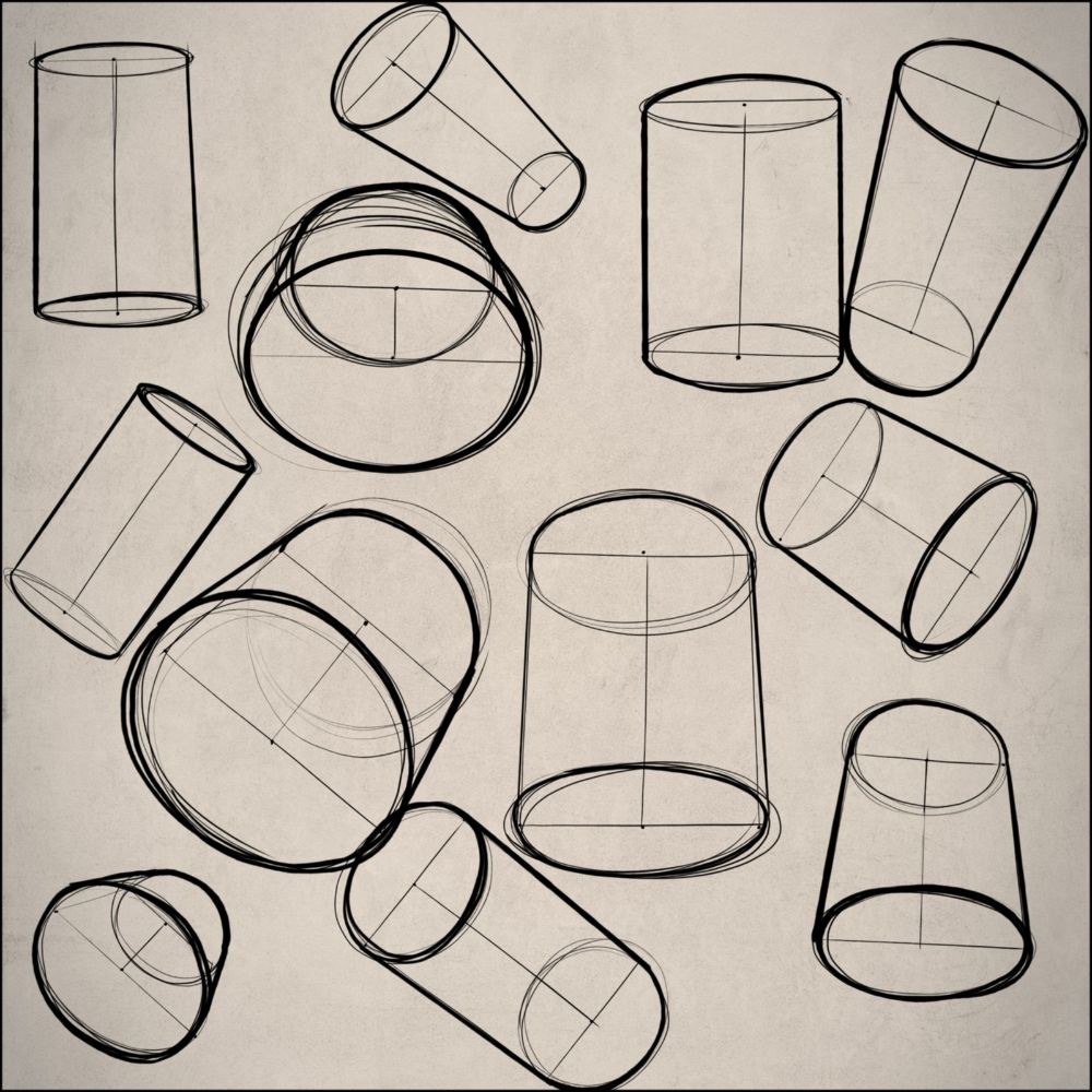 27d56beed2481842254874c283f03808 Sketch of transparent cylinders in various orientations on a beige background. Geometric shapes illustrate perspective and depth. | Sky Rye Design Sketch of transparent cylinders in various orientations on a beige background. Geometric shapes illustrate perspective and depth.