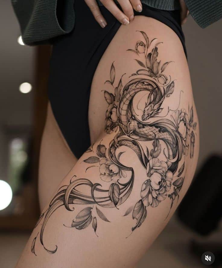 _ 28 Intricate dragon and floral tattoo design on a woman's thigh, showcasing detailed linework and elegant aesthetics. | Sky Rye Design Intricate dragon and floral tattoo design on a woman's thigh, showcasing detailed linework and elegant aesthetics.