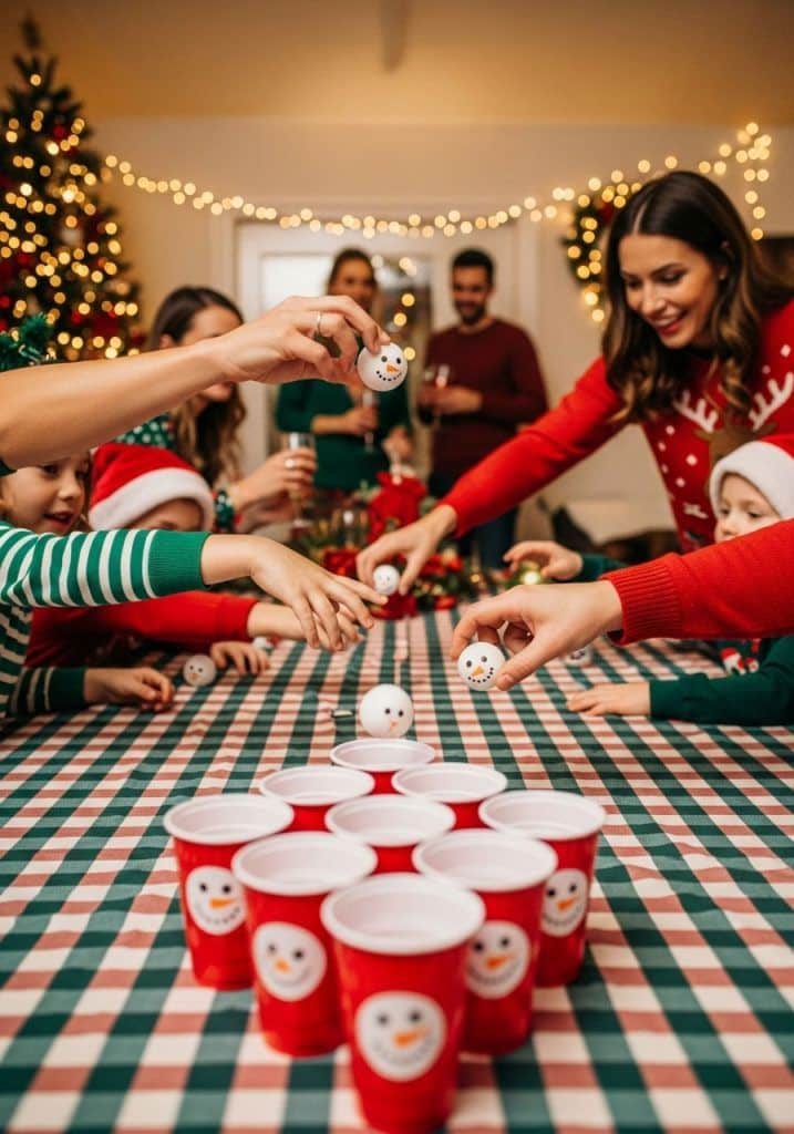Festive family holiday gathering playing a snowman-themed cup game, surrounded by Christmas decorations and joyful atmosphere.