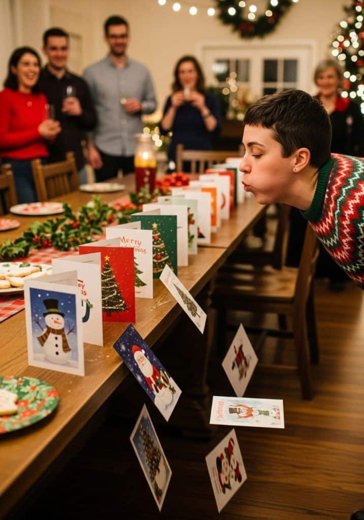 Person playing a holiday card blowing game at a festive gathering, surrounded by friends and Christmas decorations.