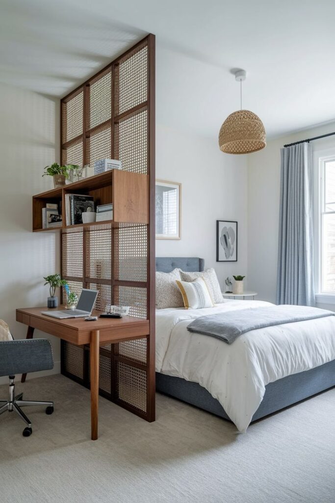 Modern bedroom with a stylish room divider, cozy bed, workspace, natural light, and decor. Ideal for small space living and design inspiration.