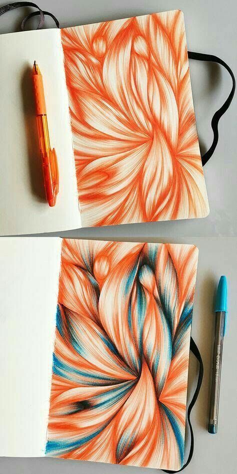 Sketchbook filled with vibrant orange and blue abstract drawings beside matching colored pens, showcasing creative artistic expressions.