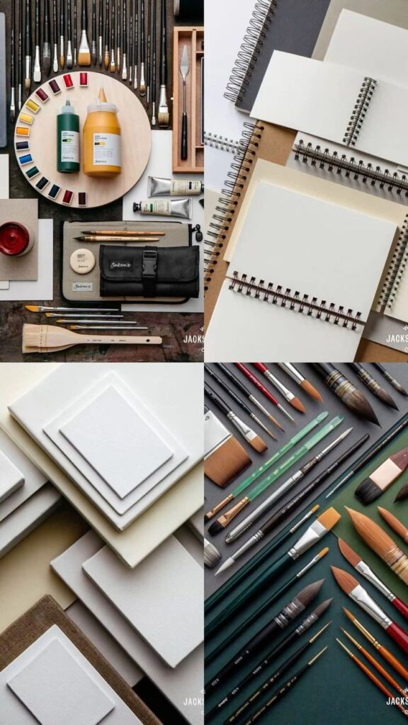 Art supplies collage: paintbrushes, canvases, sketchbooks, and paint tubes. Perfect for artists seeking quality materials for creative projects.