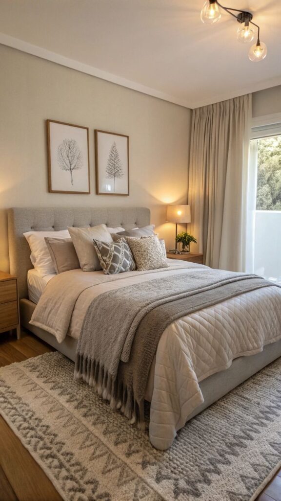 29 Bold Accent Ideas for Minimalistic Bedrooms Cozy bedroom with neutral tones, featuring a plush bed, elegant wall art, and soft lighting for a relaxing ambiance. | Sky Rye Design Cozy bedroom with neutral tones, featuring a plush bed, elegant wall art, and soft lighting for a relaxing ambiance.