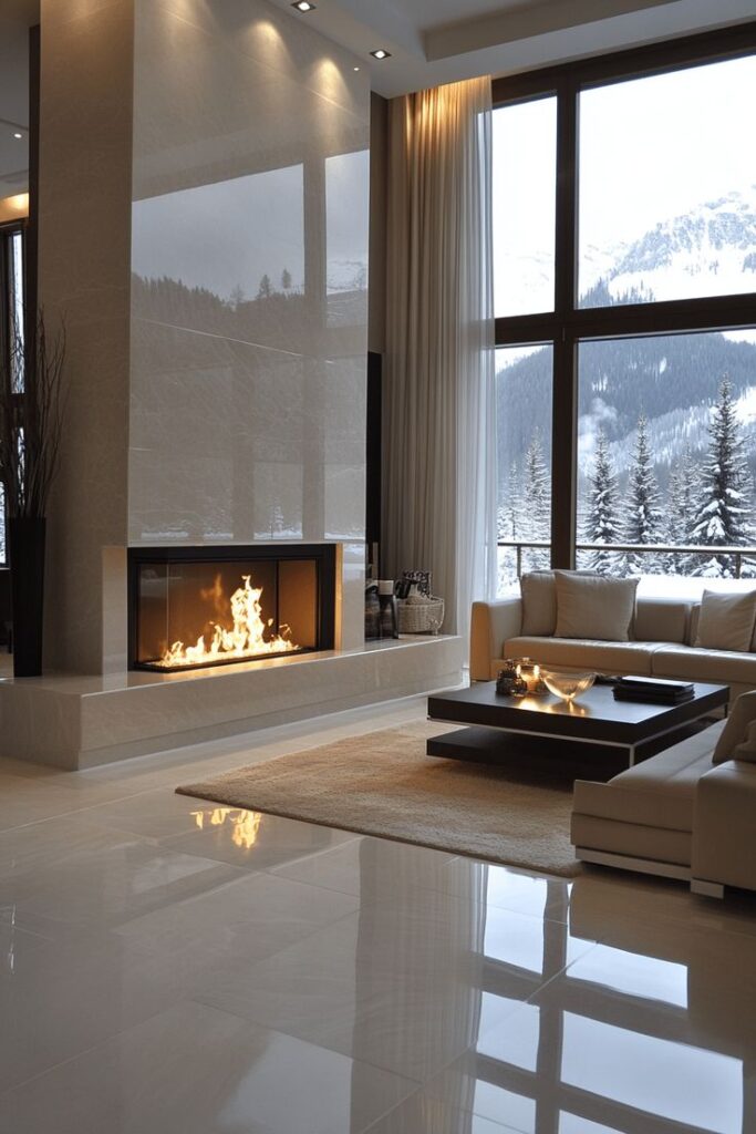 29 Fireplace Interior Ideas to Design a Stunning Focal Point in Your Home Modern living room with large windows, cozy fireplace, elegant decor, and snowy mountain view, creating a warm and inviting ambiance. | Sky Rye Design Modern living room with large windows, cozy fireplace, elegant decor, and snowy mountain view, creating a warm and inviting ambiance.