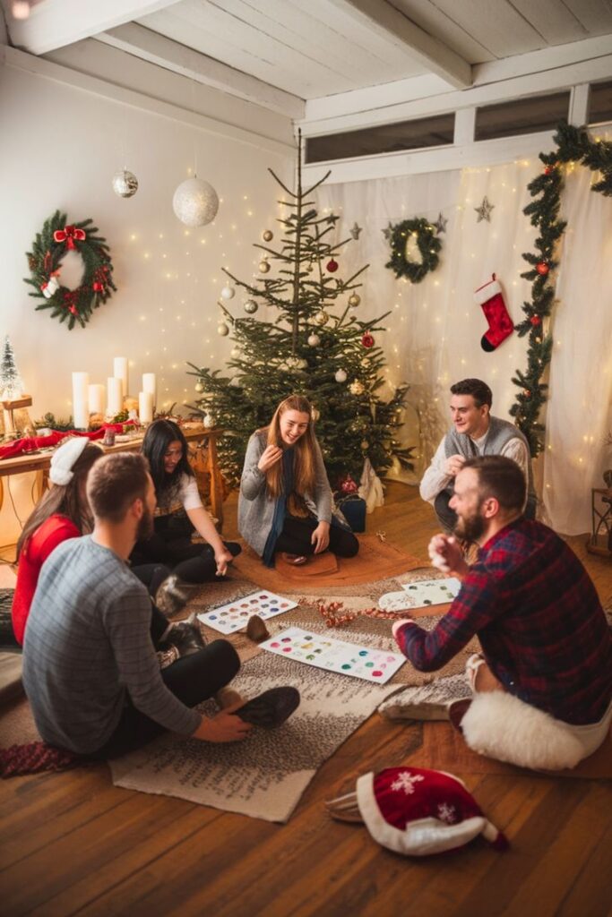 Friends enjoying a cozy Christmas game night by the tree with festive decorations and lights creating a warm holiday atmosphere.