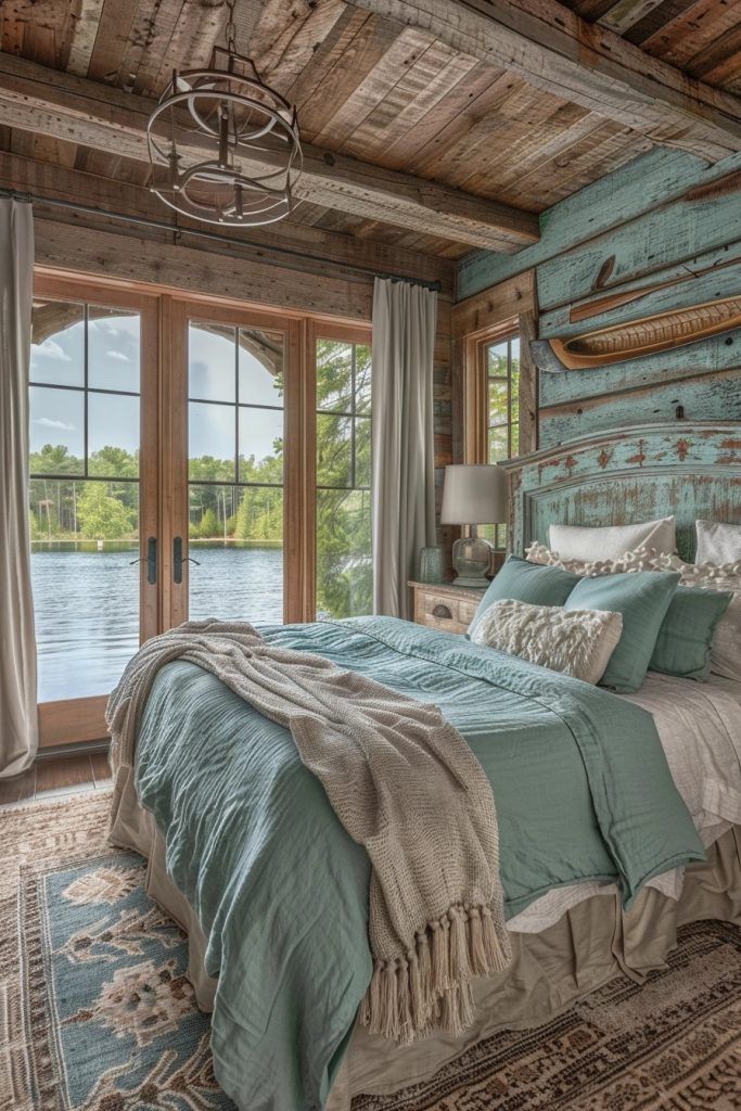 29 Guest Room Rustic Ideas to Make Your Guests Feel at Home Cozy rustic bedroom with wooden walls, teal bedding, and lake view through French doors, exuding a serene cabin vibe. | Sky Rye Design Cozy rustic bedroom with wooden walls, teal bedding, and lake view through French doors, exuding a serene cabin vibe.