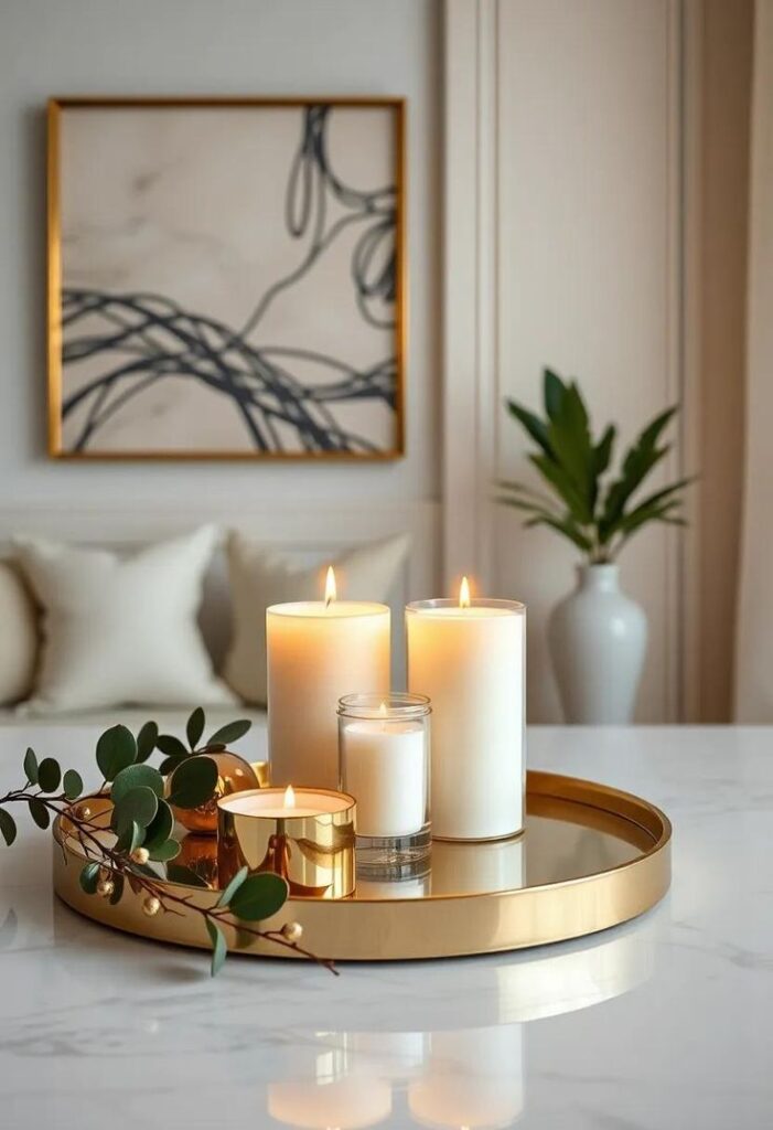 29 Hollywood Glam Luxury Home Decor Essentials to Elevate Your Living Space Lit candles on a gold tray with greenery, set on a marble table, creating a cozy and elegant atmosphere in a modern living room. | Sky Rye Design Lit candles on a gold tray with greenery, set on a marble table, creating a cozy and elegant atmosphere in a modern living room.