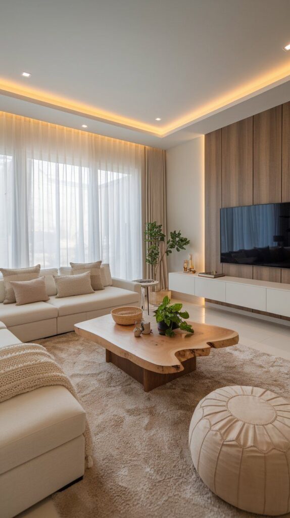 29 Scandinavian Small House Decor for a Clean Look Modern living room with wooden coffee table, beige sofa, pouf, and TV on wood-paneled wall. Soft lighting and decor accents complete the look. | Sky Rye Design Modern living room with wooden coffee table, beige sofa, pouf, and TV on wood-paneled wall. Soft lighting and decor accents complete the look.