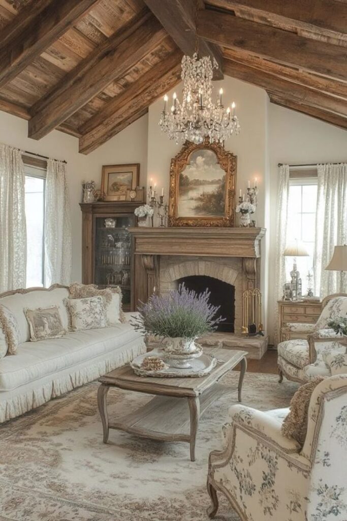 29 Simple Ways to Add Vintage Elegance to Your Space Elegant vintage living room with chandelier, wooden beams, ornate fireplace, and cozy floral furniture for a classic, cozy ambiance. | Sky Rye Design Elegant vintage living room with chandelier, wooden beams, ornate fireplace, and cozy floral furniture for a classic, cozy ambiance.