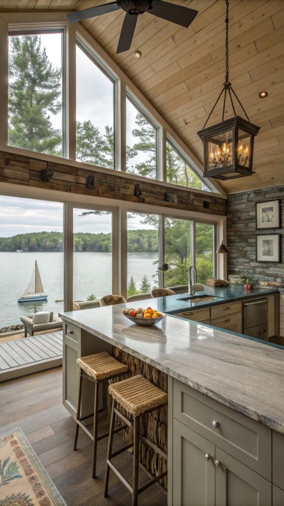 29 Unique Rustic Pantry Designs for a Functional Space Rustic kitchen with large windows overlooking a serene lake and sailboat, featuring wooden ceiling, stone wall, and kitchen island. | Sky Rye Design Rustic kitchen with large windows overlooking a serene lake and sailboat, featuring wooden ceiling, stone wall, and kitchen island. Lake Home Decor Ideas