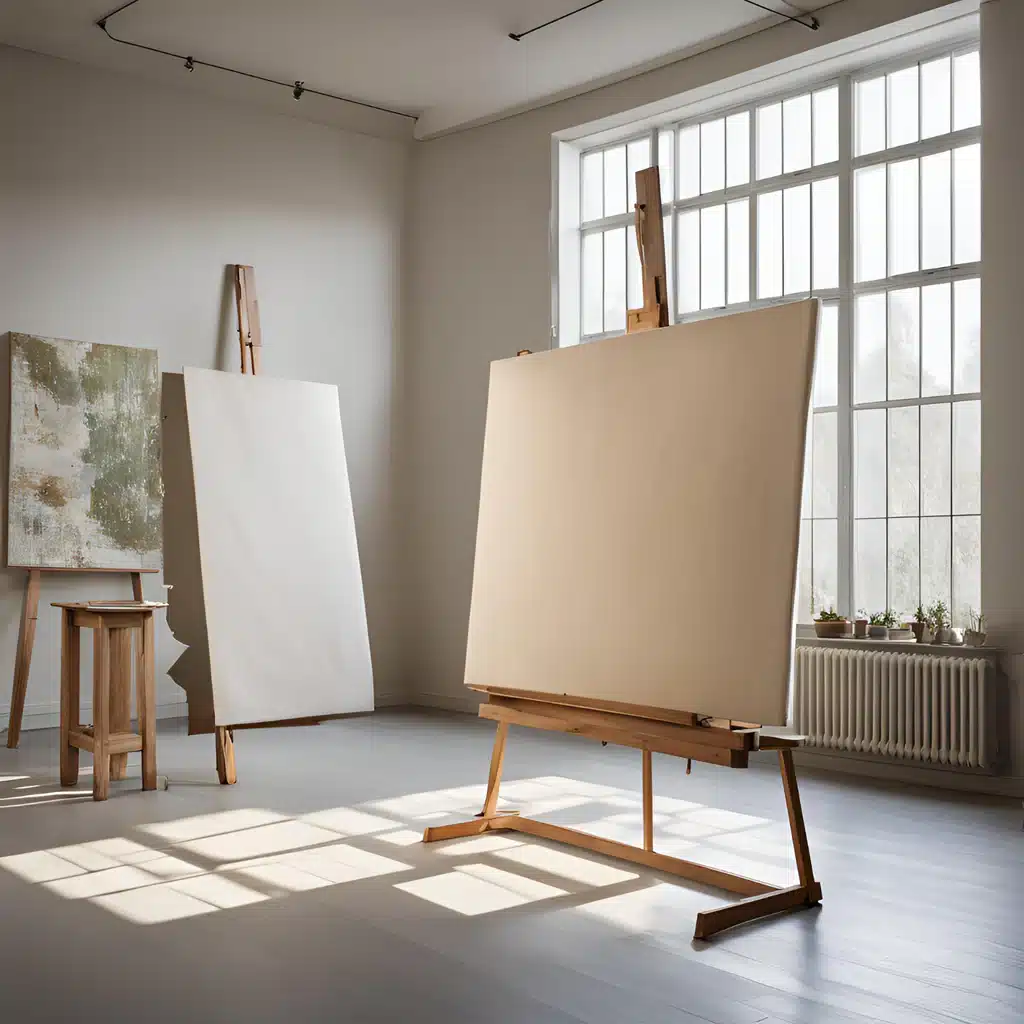 Spacious art studio with large windows, showcasing easels and blank canvases ready for painting, bathed in natural light.
