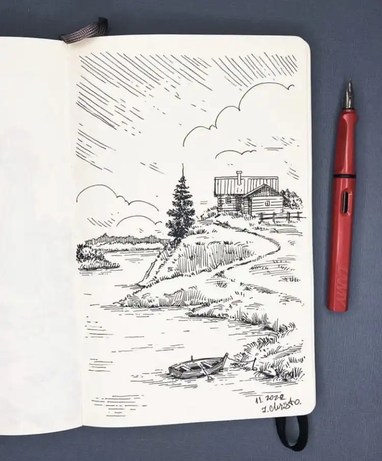 Ink sketch of a riverside cabin with a boat on water, surrounded by trees and hills, alongside a red fountain pen.