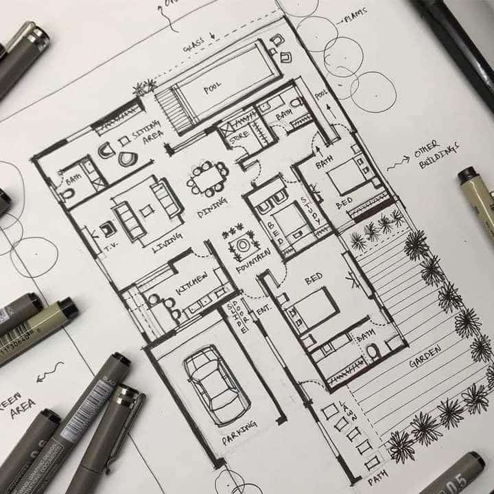 Hand-drawn architectural floor plan featuring labeled rooms, a pool, garden, garage, and outdoor area, surrounded by drawing pens.