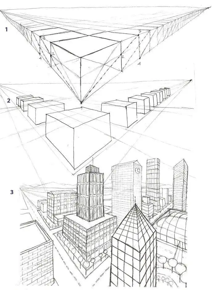 Three-point perspective drawing tutorial showing cubes and buildings to illustrate depth and proportion in architectural sketches.