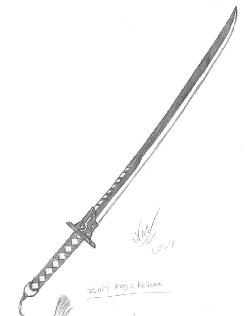 2e7adccb1ec9cbd03a2045978dd8b541 Pencil sketch of a detailed katana sword with a textured handle and a curved blade, labeled Zoi's Magic Katana. | Sky Rye Design Pencil sketch of a detailed katana sword with a textured handle and a curved blade, labeled Zoi's Magic Katana.