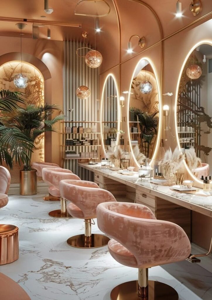 Luxurious beauty salon interior with pink velvet chairs, large round mirrors, and soft ambient lighting. Elegant and modern design.