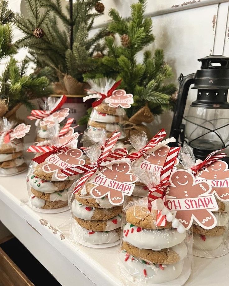 Festive holiday cookies wrapped with Oh Snap! tags, surrounded by mini Christmas trees and a lantern. Perfect for holiday gifting.