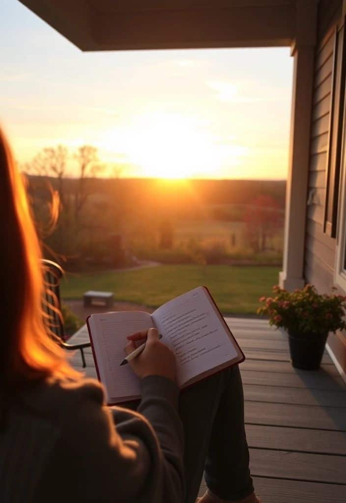 Person writing in a journal on a porch during a sunset, with serene countryside view in the background. Ideal for relaxation or mindfulness.