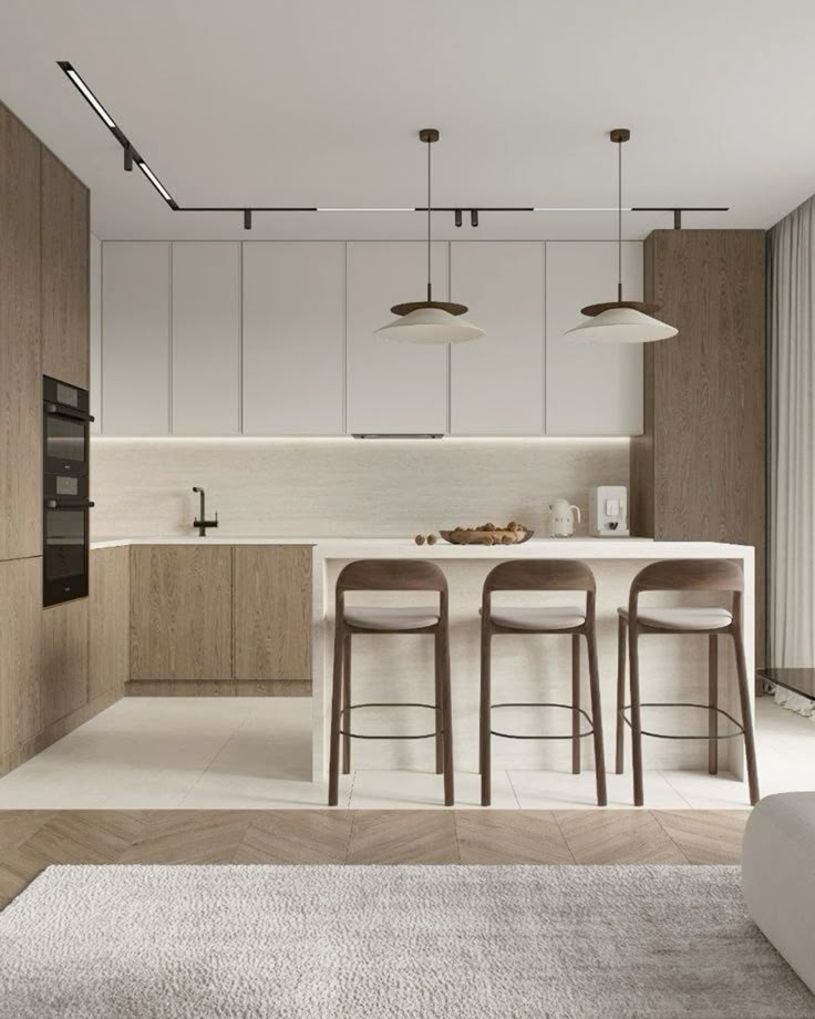 Modern kitchen with wooden cabinets, sleek countertops, bar stools, and pendant lighting above the island for a minimalist design.