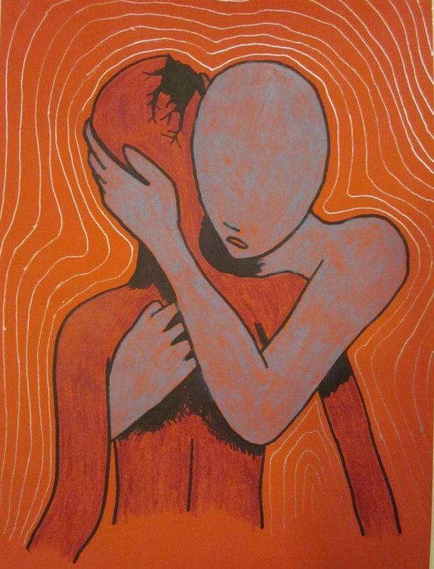 Abstract art of faceless figures embracing against an orange background. Lines radiate around them, evoking emotions of comfort and healing.