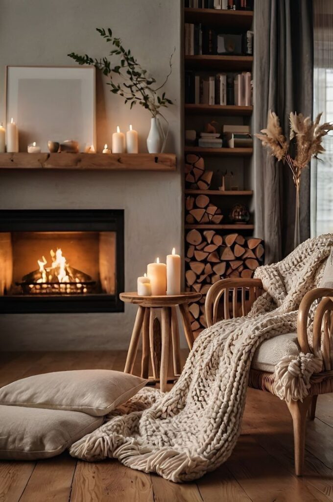 _ 3 Cozy living room with a warm fireplace, candles, and soft blanket on a wooden chair, creating a relaxing and inviting atmosphere. | Sky Rye Design Cozy living room with a warm fireplace, candles, and soft blanket on a wooden chair, creating a relaxing and inviting atmosphere.