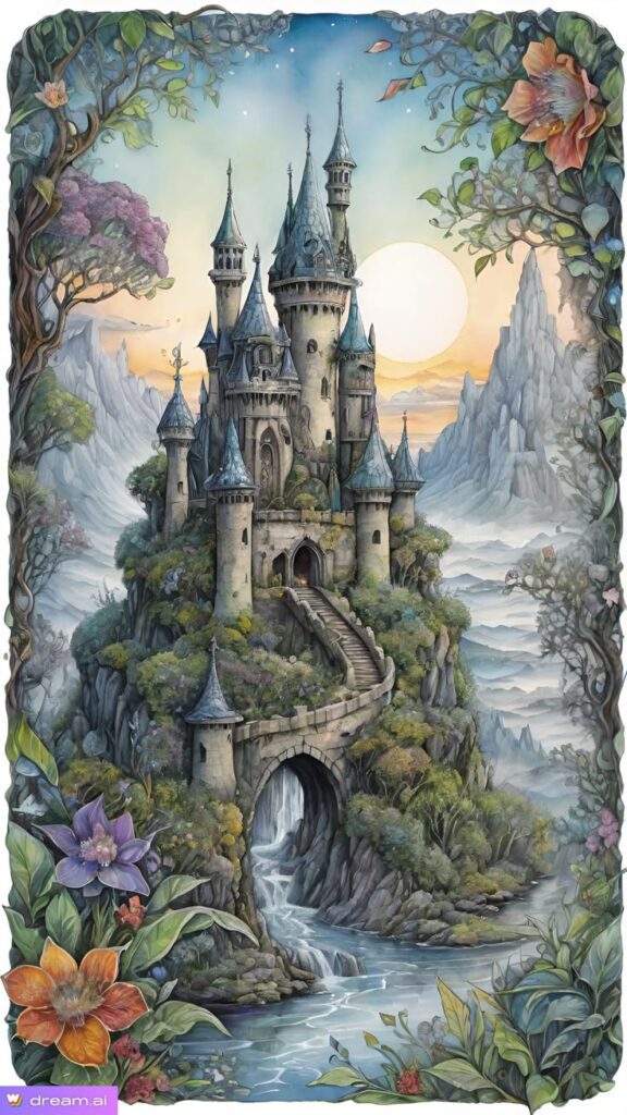 _ 3 Enchanted fairytale castle atop a rocky hill, surrounded by vibrant flowers and a serene river, with a mystical sunrise in the background. | Sky Rye Design Enchanted fairytale castle atop a rocky hill, surrounded by vibrant flowers and a serene river, with a mystical sunrise in the background.
