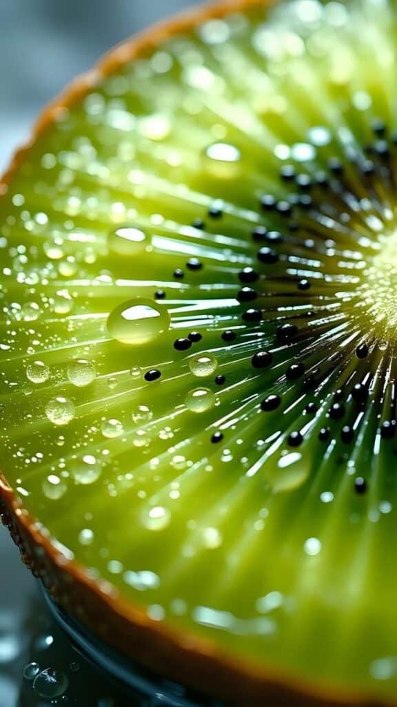 _ 3 Close-up of a fresh kiwi slice with water droplets highlighting vibrant green flesh and black seeds. | Sky Rye Design Close-up of a fresh kiwi slice with water droplets highlighting vibrant green flesh and black seeds.