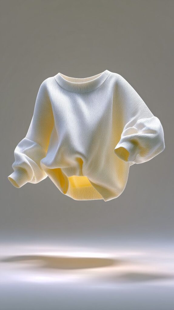 _ 3 Floating white textured sweater with yellow lighting effect, showcasing modern fashion design against a soft grey background. | Sky Rye Design Floating white textured sweater with yellow lighting effect, showcasing modern fashion design against a soft grey background.