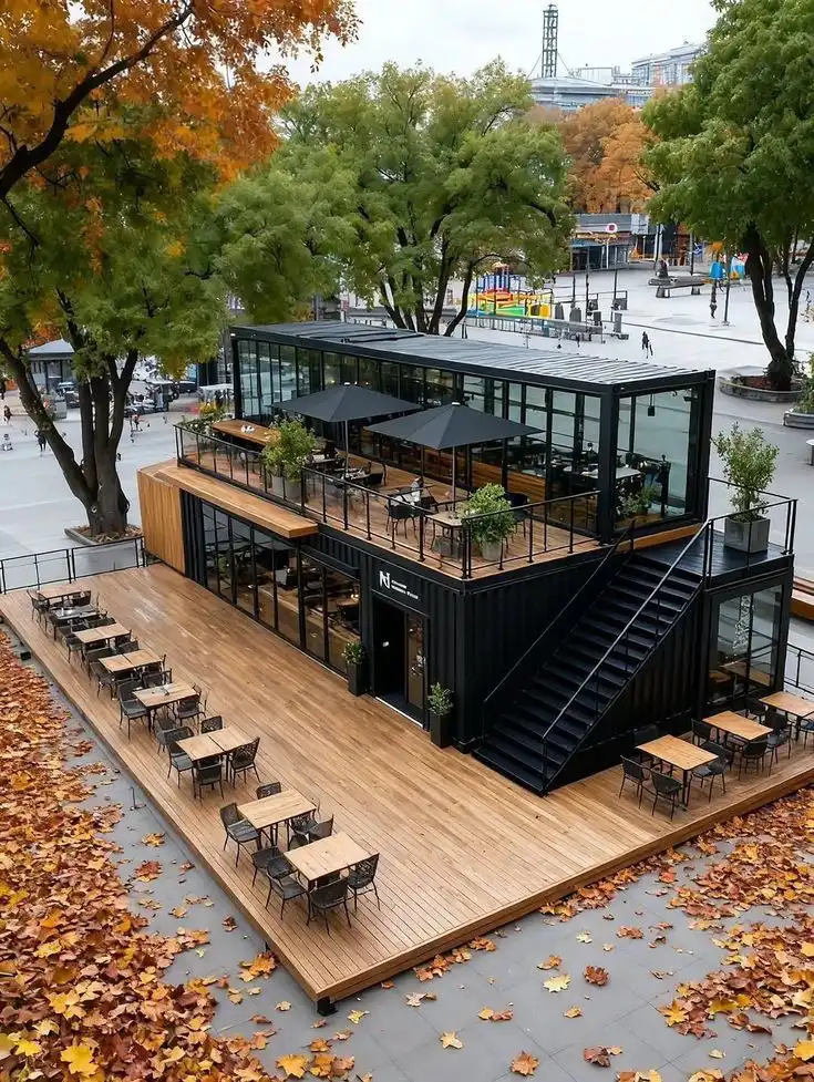 Modern container cafe surrounded by autumn leaves, featuring outdoor seating and a rooftop terrace with black umbrellas.