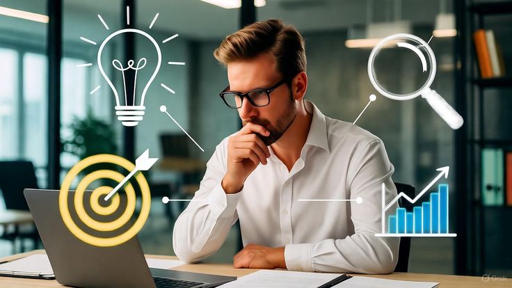 Man at laptop with digital marketing icons: light bulb, target, magnifying glass, rising graph, symbolizing strategy and analytics.