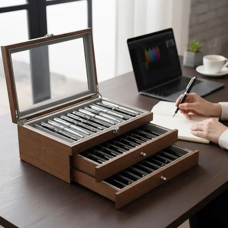 Elegant pen box with open drawers on a desk, displaying a collection of pens. Person writing in a notebook, laptop and coffee cup nearby.