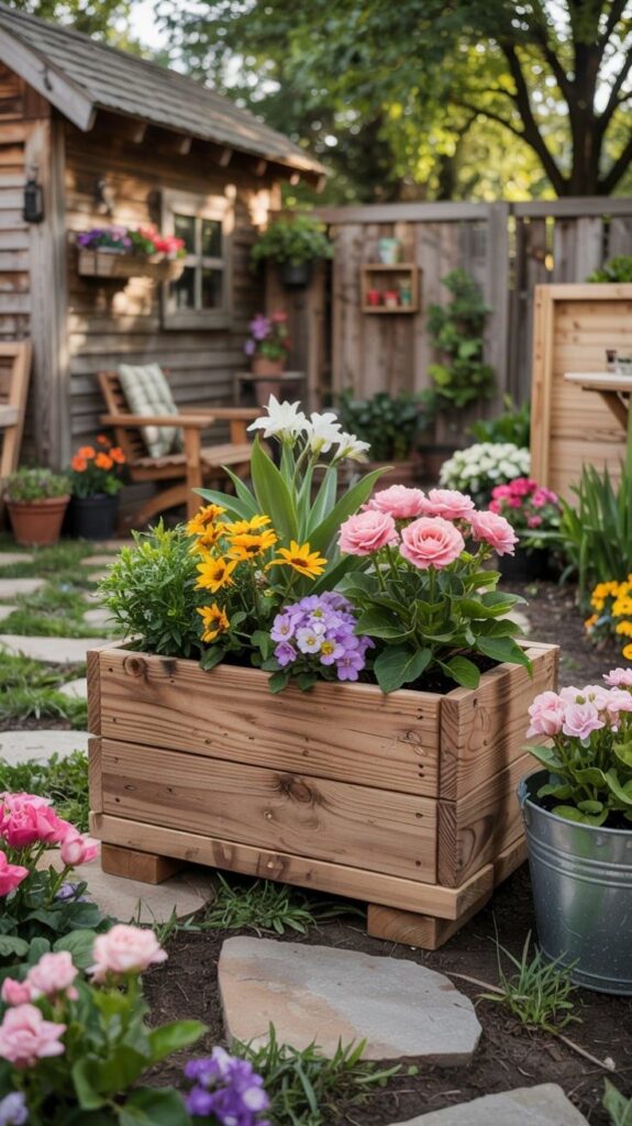 30 Best DIY Planter Box Ideas_ Build Stunning Outdoor Wood Planters on a Budget Wooden planter box with colorful flowers in a rustic garden setting, featuring a cottage with plants and a stone path. | Sky Rye Design Wooden planter box with colorful flowers in a rustic garden setting, featuring a cottage with plants and a stone path.