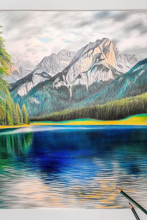 30 Colored Pencil Drawing Mountain Ideas for Stunning Landscape Art Colored pencil drawing of a serene mountain landscape with a reflective lake and lush greenery under a partly cloudy sky. | Sky Rye Design Colored pencil drawing of a serene mountain landscape with a reflective lake and lush greenery under a partly cloudy sky.
