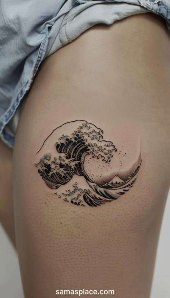 30+ Thigh Tattoo Ideas in 2025 Thigh tattoo of a wave inspired by Hokusai's The Great Wave off Kanagawa, showcasing intricate design and artistic detail. | Sky Rye Design Thigh tattoo of a wave inspired by Hokusai's The Great Wave off Kanagawa, showcasing intricate design and artistic detail. cute thigh tattoos for women