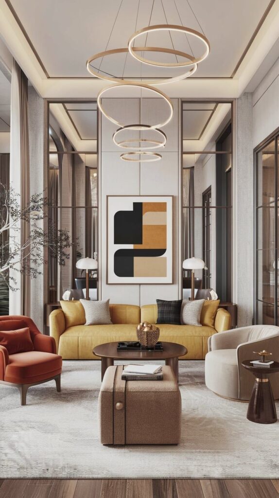 Modern living room with circular chandeliers, yellow sofa, abstract art, and cozy seating. Neutral tones and stylish decor complete the look.