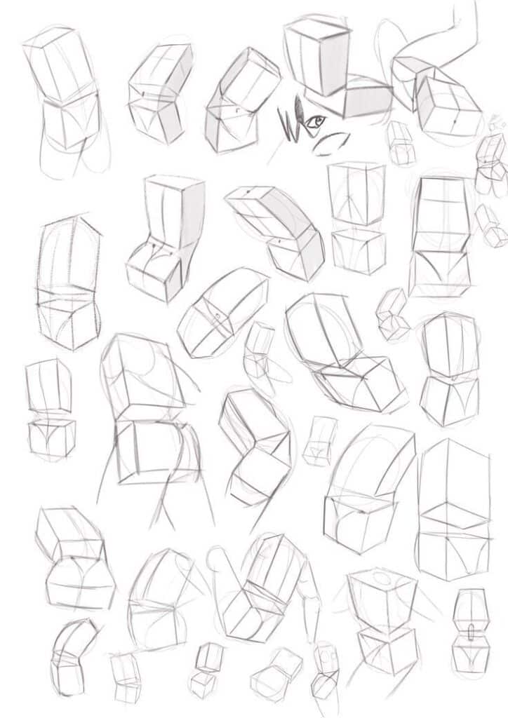 30d7271c9d055b9071fff38ef5c73368 Sketches of geometric cubes showing body anatomy angles and poses for figure drawing practice and artistic inspiration. | Sky Rye Design Sketches of geometric cubes showing body anatomy angles and poses for figure drawing practice and artistic inspiration.