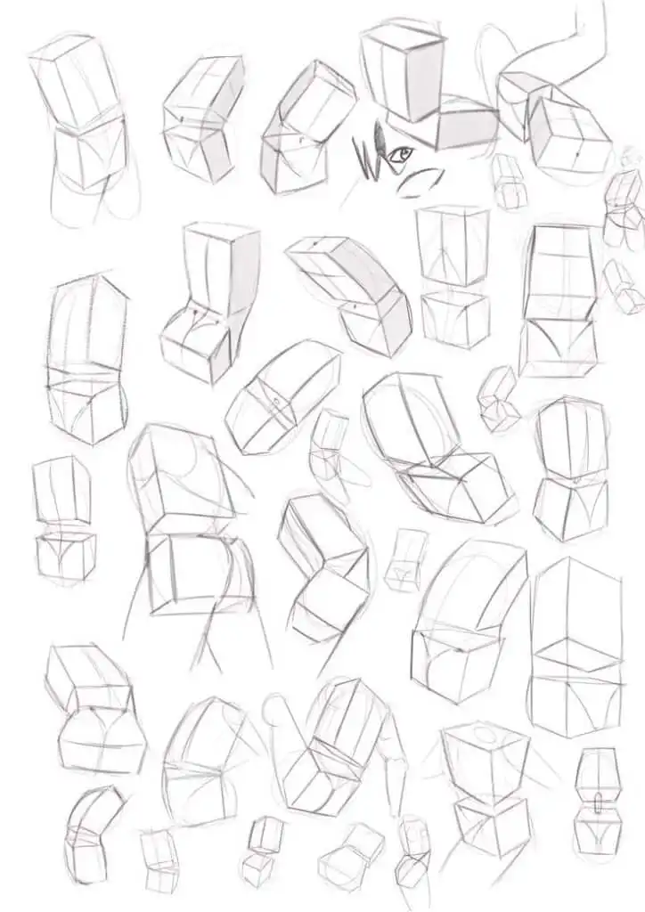 Sketches of geometric cubes showing body anatomy angles and poses for figure drawing practice and artistic inspiration.
