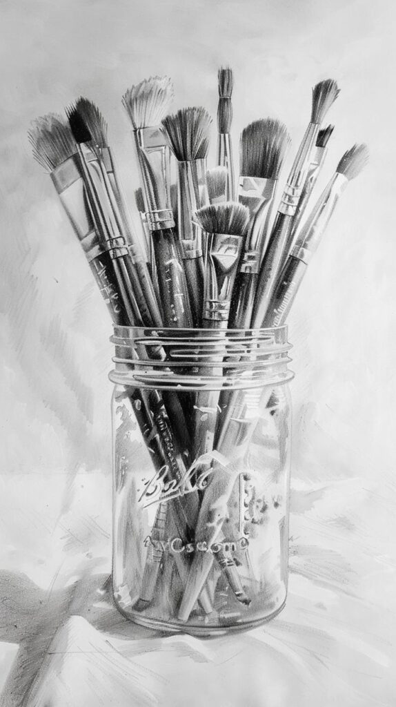 A grayscale drawing of various paintbrushes in a glass jar, showcasing artistic tools for painting and creativity in a studio setting.