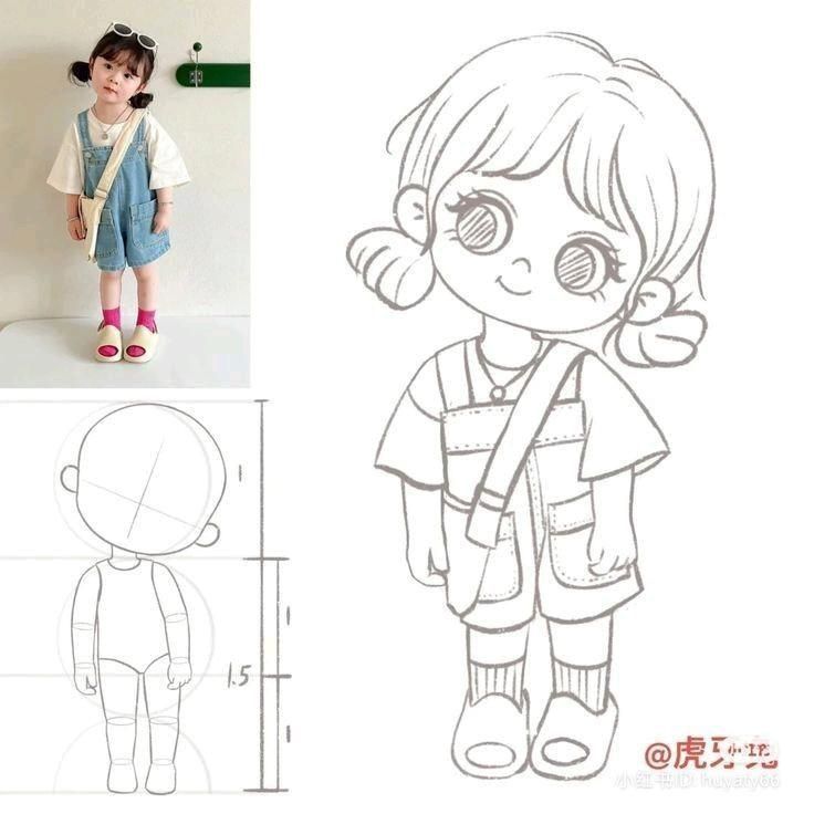 _ 31 Child in overalls and pink socks with a matching sketch design side-by-side, showcasing cute fashion and illustration concepts. | Sky Rye Design Child in overalls and pink socks with a matching sketch design side-by-side, showcasing cute fashion and illustration concepts.