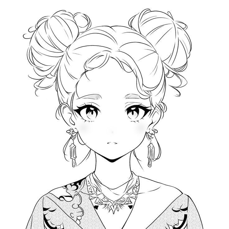 _ 32 Anime-styled girl with double buns and intricate earrings, wearing a detailed kimono. Black and white line art portrait. | Sky Rye Design Anime-styled girl with double buns and intricate earrings, wearing a detailed kimono. Black and white line art portrait.