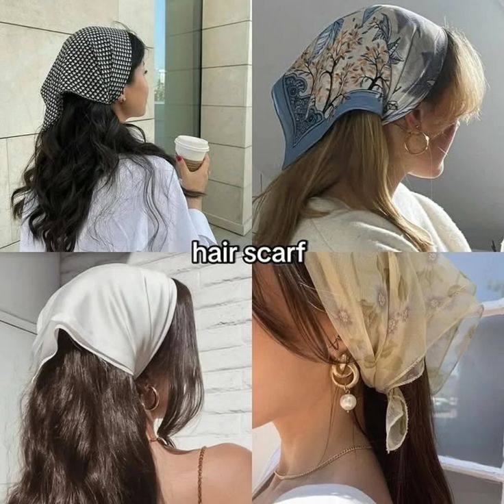 _ 32 Women wearing stylish hair scarves in various patterns and colors, showcasing chic fashion accessories for different hairstyles. | Sky Rye Design Women wearing stylish hair scarves in various patterns and colors, showcasing chic fashion accessories for different hairstyles.