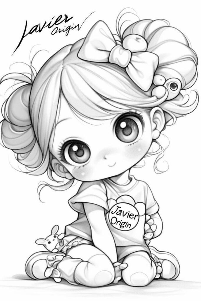 _ 33 Cute chibi girl with big eyes, wearing a bow and Javier Origin shirt, sitting with a playful pose. Black and white illustration. | Sky Rye Design Cute chibi girl with big eyes, wearing a bow and Javier Origin shirt, sitting with a playful pose. Black and white illustration.