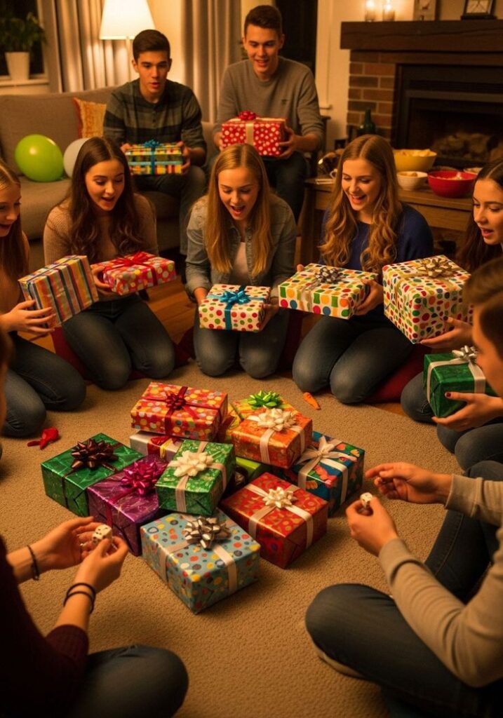 Group of friends exchanging colorful, wrapped gifts at a cozy indoor party, enjoying a festive and joyful celebration together.