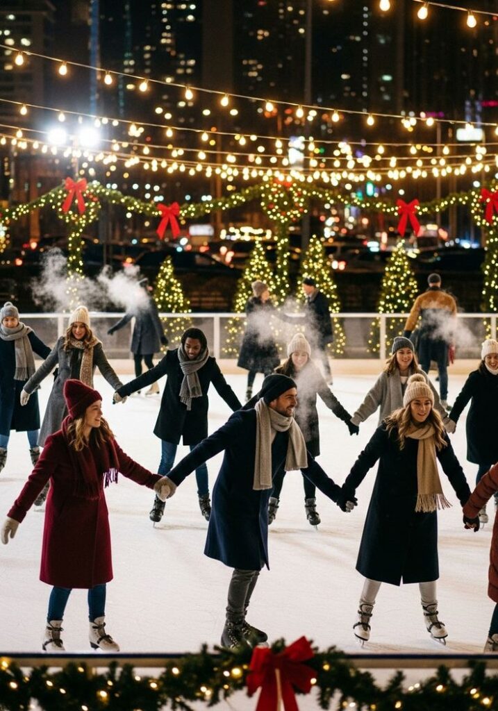 Group of friends ice skating under festive lights amidst holiday decorations in a city rink.