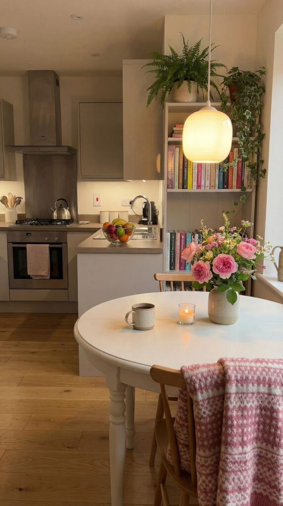 3308095e-aef3-45e1-a10a-36ef628b597a Cozy kitchen with wooden floor, round table, flowers, candle, and pink blanket. Bookshelves and plants enhance the warm atmosphere. | Sky Rye Design Cozy kitchen with wooden floor, round table, flowers, candle, and pink blanket. Bookshelves and plants enhance the warm atmosphere.