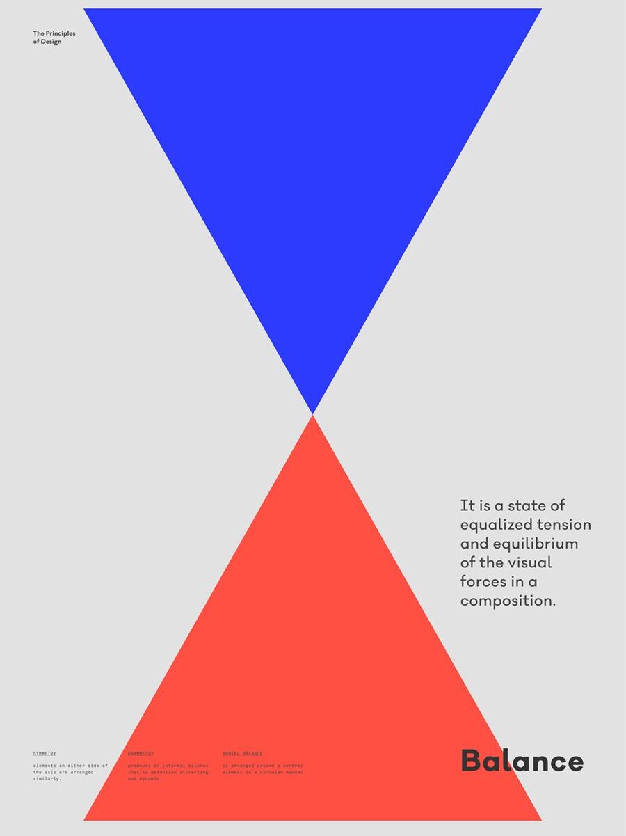 Abstract design with blue and red triangles representing balance principles in design, with accompanying text on visual equilibrium.